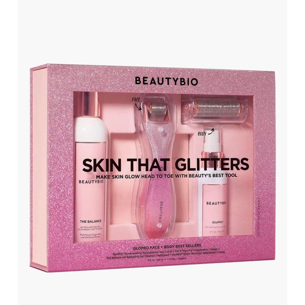 BeautyBio Skin That Glitters GloPRO Face Body Microneedling Tool Set Pink